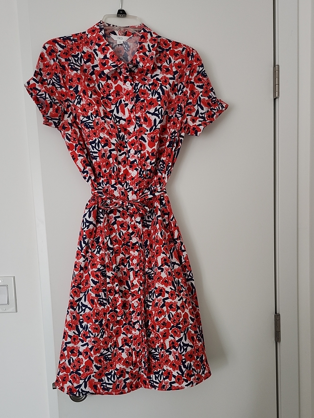 1901 (Nordstrom Brand) Red Floral Button-Front Shirt Dress with Navy Accents